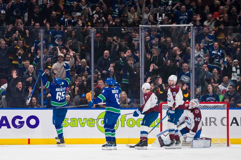 Mar 13, 2024; Vancouver, British Columbia, CAN; Vancouver Canucks forward Brock Boeser (6) and forward Ilya Mikheyev (65) celebrate Mikheyev   s goal scored on forward Elias Pettersson (40) in the first period at Rogers Arena. Mandatory Credit: Bob Frid-USA TODAY Sports