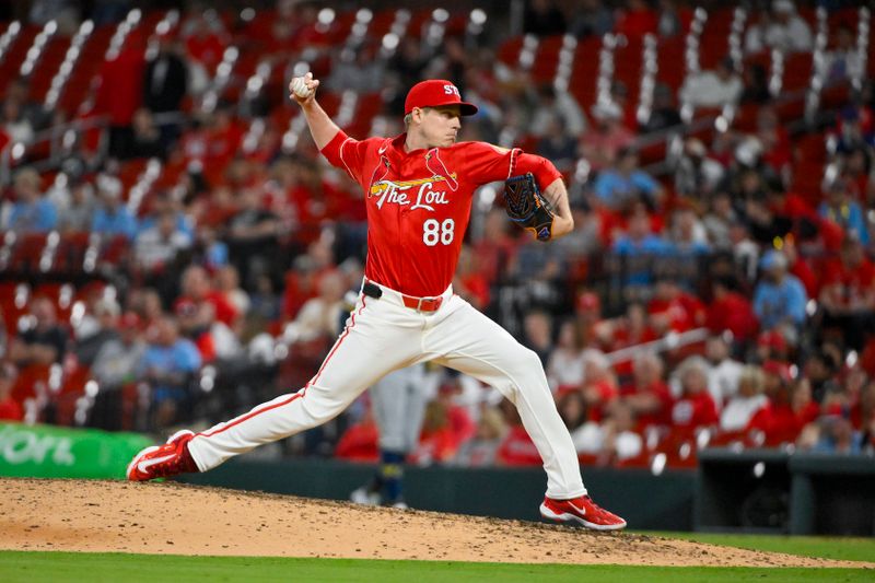 Apr 25, 2025; St. Louis, Missouri, USA;  St. Louis Cardinals relief pitcher Phil Maton (88) pitches against the Milwaukee Brewers during the eighth inning at Busch Stadium. Mandatory Credit: Jeff Curry-Imagn Images