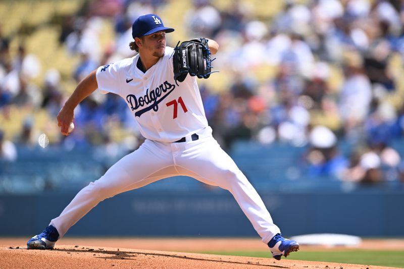 Apr 20, 2024; Los Angeles, California, USA; Los Angeles Dodgers pitcher Gavin Stone (71) throws a pitch against the New York Mets during the first inning at Dodger Stadium. Mandatory Credit: Jonathan Hui-USA TODAY Sports