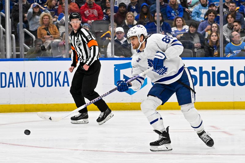 Feb 19, 2024; St. Louis, Missouri, USA;  Toronto Maple Leafs right wing William Nylander (88) shoots and scores against the St. Louis Blues during the third period at Enterprise Center. Mandatory Credit: Jeff Curry-USA TODAY Sports