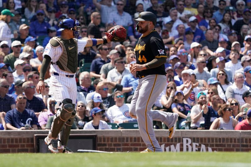 May 17, 2024; Chicago, Illinois, USA; Pittsburgh Pirates first base Rowdy Tellez (44) scores against the Chicago Cubs during the fourth inning at Wrigley Field. Mandatory Credit: David Banks-USA TODAY Sports