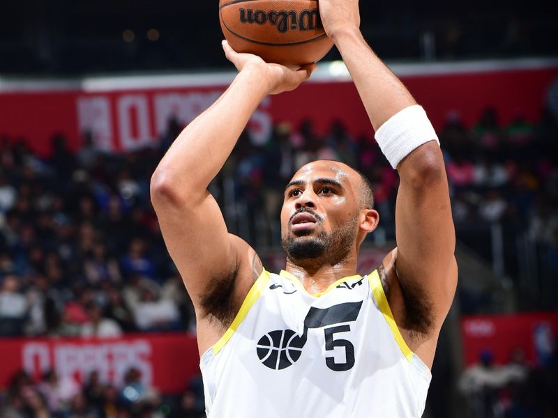 LOS ANGELES, CA - APRIL 5:  Talen Horton-Tucker #5 of the Utah Jazz shoots a free throw during the game on April 5, 2024 at Crypto.Com Arena in Los Angeles, California. NOTE TO USER: User expressly acknowledges and agrees that, by downloading and/or using this Photograph, user is consenting to the terms and conditions of the Getty Images License Agreement. Mandatory Copyright Notice: Copyright 2024 NBAE (Photo by Adam Pantozzi/NBAE via Getty Images)