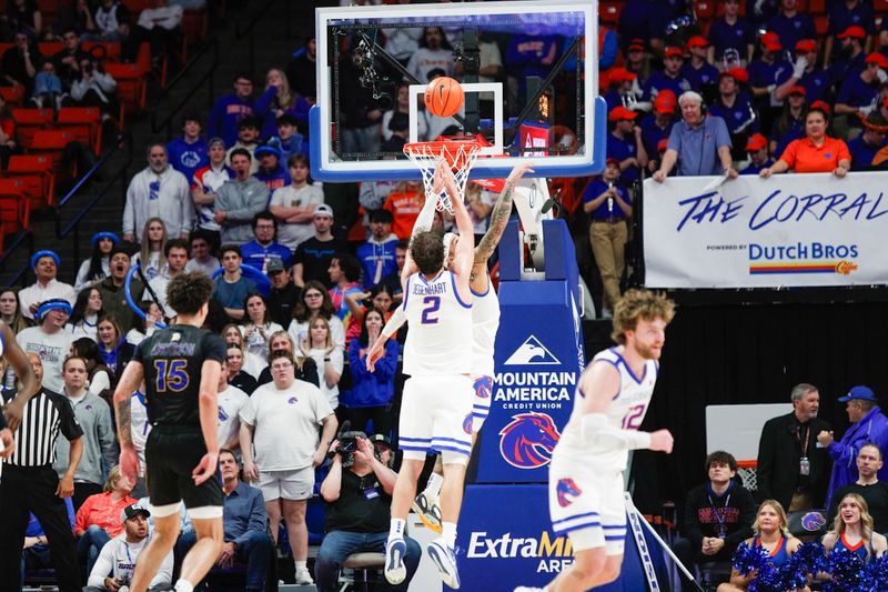 Feb 20, 2024; Boise, Idaho, USA;  Boise State Broncos forward Tyson Degenhart (2) goes up for a rebound during the second half against the San Jose State Spartans at ExtraMile Arena. Mandatory Credit: Brian Losness-USA TODAY Sports

