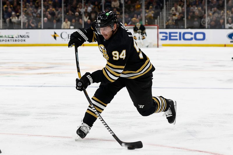 Feb 29, 2024; Boston, Massachusetts, USA; Boston Bruins center Jakub Lauko (94) shoots against the Vegas Golden Knights during the first period at TD Garden. Mandatory Credit: Winslow Townson-USA TODAY Sports