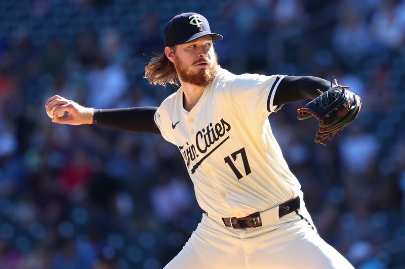 Sep 29, 2024; Minneapolis, Minnesota, USA; Minnesota Twins starting pitcher Bailey Ober (17) delivers a pitch against the Baltimore Orioles during the first inning at Target Field. Mandatory Credit: Matt Krohn-Imagn Images