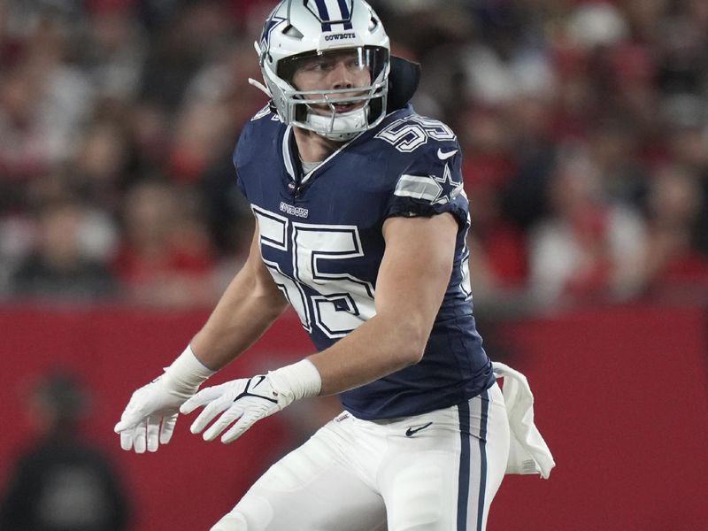 Dallas Cowboys linebacker Leighton Vander Esch (55) defends in the secondary during a wild card NFL football playoff game against the Tampa Bay Buccaneers, Monday, Jan. 16, 2023, in Tampa, Fla. (AP Photo/Peter Joneleit)