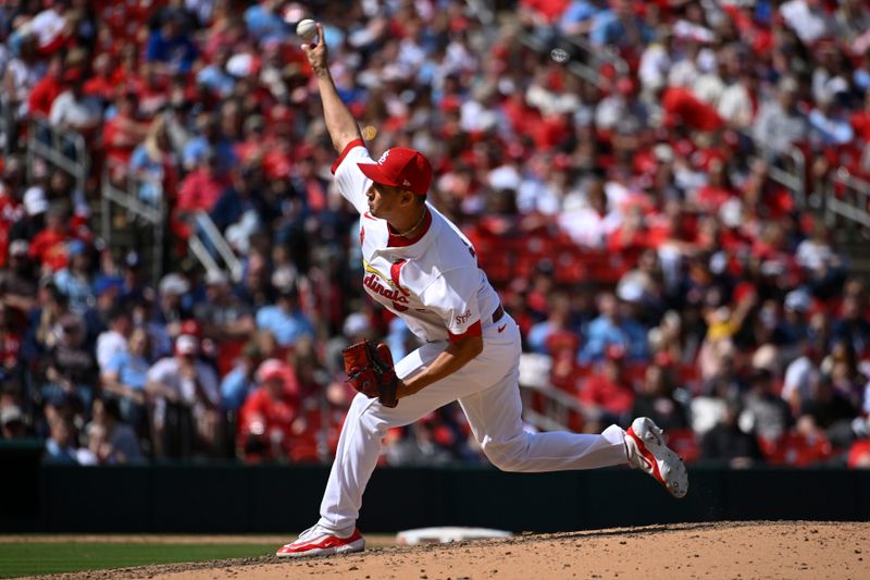 Apr 20, 2024; St. Louis, Missouri, USA; St. Louis Cardinals relief pitcher Giovanny Gallegos (65) pitches against the Milwaukee Brewers in the sixth inning at Busch Stadium. Mandatory Credit: Joe Puetz-USA TODAY Sports