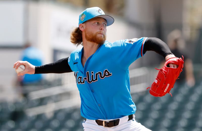Mar 11, 2026; Jupiter, Florida, USA;  Miami Marlins pitcher Max Meyer (23) throws against the Houston Astros during the first inning at Roger Dean Chevrolet Stadium. Mandatory Credit: Rhona Wise-Imagn Images