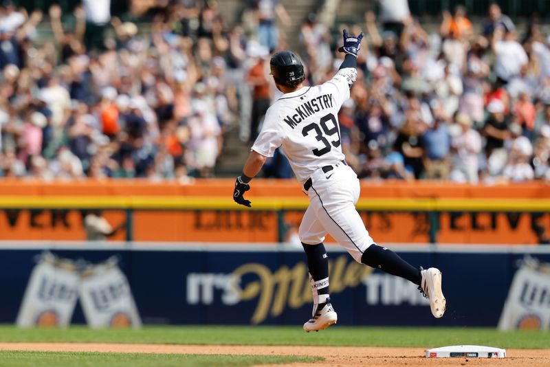Sep 20, 2025; Detroit, Michigan, USA;  Detroit Tigers third base Zach McKinstry (39) celebrates after he hits a home run in the sixth inning against the Atlanta Braves at Comerica Park. Mandatory Credit: Rick Osentoski-Imagn Images