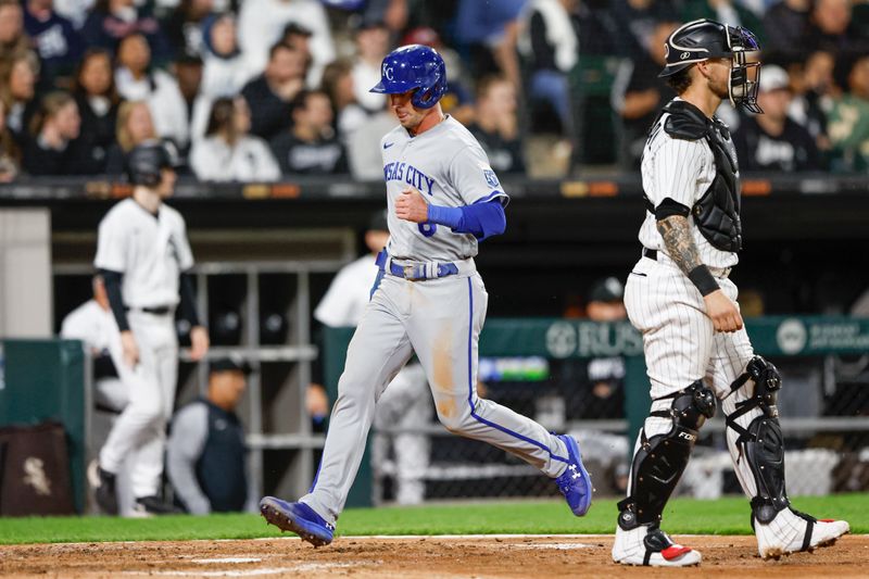 Sep 13, 2023; Chicago, Illinois, USA; Kansas City Royals center fielder Drew Waters (6) scores against the Chicago White Sox during the seventh inning at Guaranteed Rate Field. Mandatory Credit: Kamil Krzaczynski-USA TODAY Sports