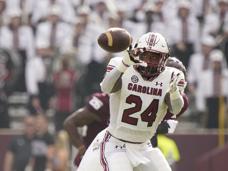 Oct 28, 2023; College Station, Texas, USA; South Carolina Gamecocks running back Mario Anderson (24) catches a pass against the Texas A&M Aggies during the first quarter at Kyle Field. Mandatory Credit: Dustin Safranek-USA TODAY Sports