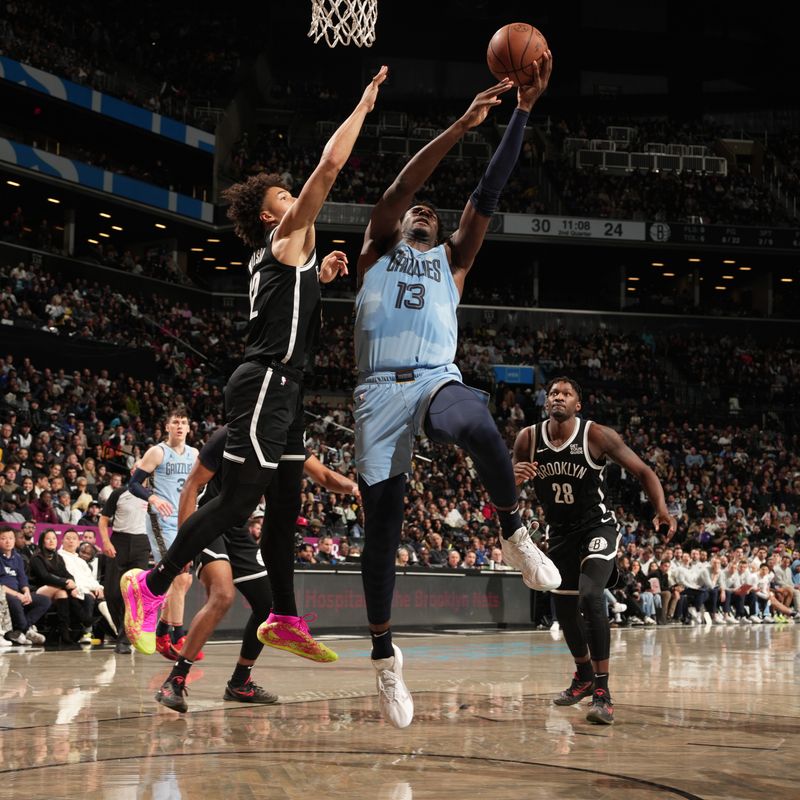 BROOKLYN, NY - NOVEMBER 4: Jaren Jackson Jr. #13 of the Memphis Grizzlies drives to the basket during the game against the Brooklyn Nets on November 4, 2024 at Barclays Center in Brooklyn, New York. NOTE TO USER: User expressly acknowledges and agrees that, by downloading and or using this Photograph, user is consenting to the terms and conditions of the Getty Images License Agreement. Mandatory Copyright Notice: Copyright 2024 NBAE (Photo by Jesse D. Garrabrant/NBAE via Getty Images)