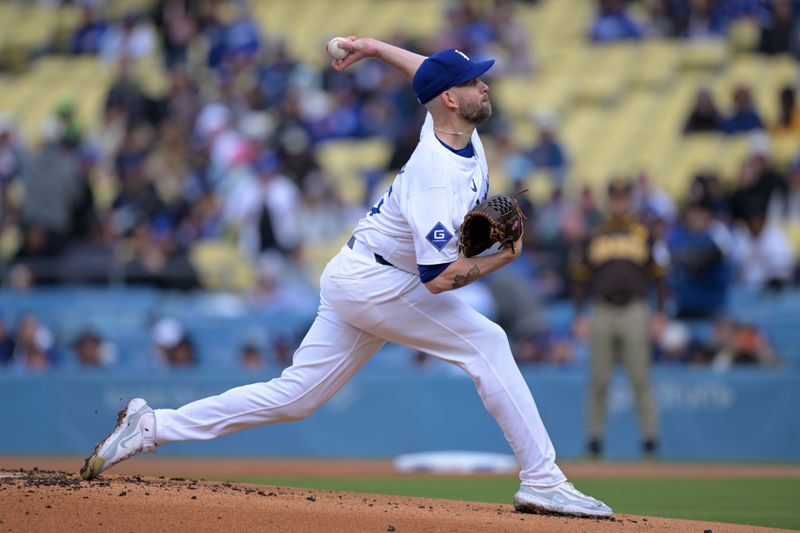 Apr 14, 2024; Los Angeles, California, USA; Los Angeles Dodgers pitcher James Paxton (65) throws to the plate in the first inning against the San Diego Padres at Dodger Stadium. Mandatory Credit: Jayne Kamin-Oncea-USA TODAY Sports