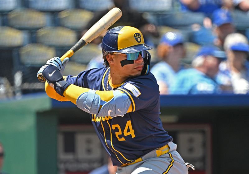 May 8, 2024; Kansas City, Missouri, USA;  Milwaukee Brewers catcher William Contreras (24) gets ready for a pitch in the fifth inning against the Kansas City Royals at Kauffman Stadium. Mandatory Credit: Peter Aiken-USA TODAY Sports