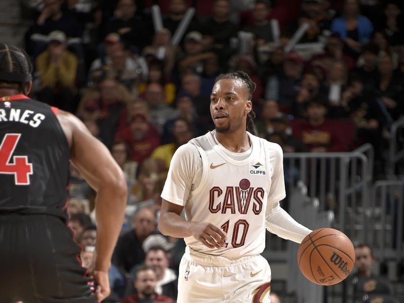 CLEVELAND, OH - NOVEMBER 24: Darius Garland #10 of the Cleveland Cavaliers dribbles the ball during the game against the Toronto Raptors on November 24, 2024 at Rocket Mortgage FieldHouse in Cleveland, Ohio. NOTE TO USER: User expressly acknowledges and agrees that, by downloading and/or using this Photograph, user is consenting to the terms and conditions of the Getty Images License Agreement. Mandatory Copyright Notice: Copyright 2024 NBAE (Photo by David Liam Kyle/NBAE via Getty Images)