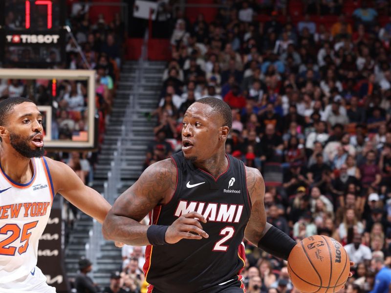 MIAMI, FL - OCTOBER 30: Terry Rozier #2 of the Miami Heat dribbles the ball during the game against the New York Knicks on October 30, 2024 at Kaseya Center in Miami, Florida. NOTE TO USER: User expressly acknowledges and agrees that, by downloading and or using this Photograph, user is consenting to the terms and conditions of the Getty Images License Agreement. Mandatory Copyright Notice: Copyright 2024 NBAE (Photo by Jeff Haynes/NBAE via Getty Images)