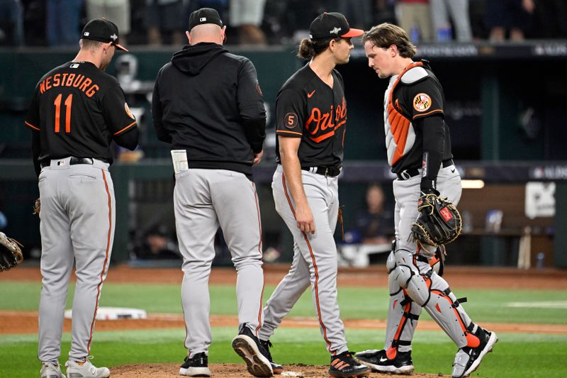 Oct 10, 2023; Arlington, Texas, USA; Baltimore Orioles starting pitcher Dean Kremer (64) is relieved in the second inning against the Texas Rangers during game three of the ALDS for the 2023 MLB playoffs at Globe Life Field. Mandatory Credit: Jerome Miron-USA TODAY Sports