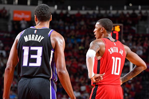 HOUSTON, TX - NOVEMBER 6: Keegan Murray #13 of the Sacramento Kings and Jabari Smith Jr. #10 of the Houston Rockets look on during the game on November 6, 2023 at the Toyota Center in Houston, Texas. NOTE TO USER: User expressly acknowledges and agrees that, by downloading and or using this photograph, User is consenting to the terms and conditions of the Getty Images License Agreement. Mandatory Copyright Notice: Copyright 2023 NBAE (Photo by Logan Riely/NBAE via Getty Images)