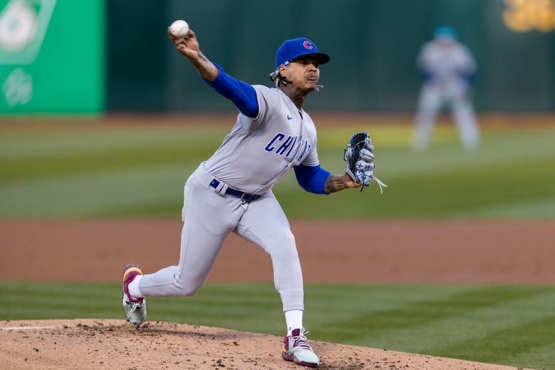 Apr 18, 2023; Oakland, California, USA;  Chicago Cubs starting pitcher Marcus Stroman (0) throws against the Oakland Athletics during the first inning at RingCentral Coliseum. Mandatory Credit: John Hefti-USA TODAY Sports