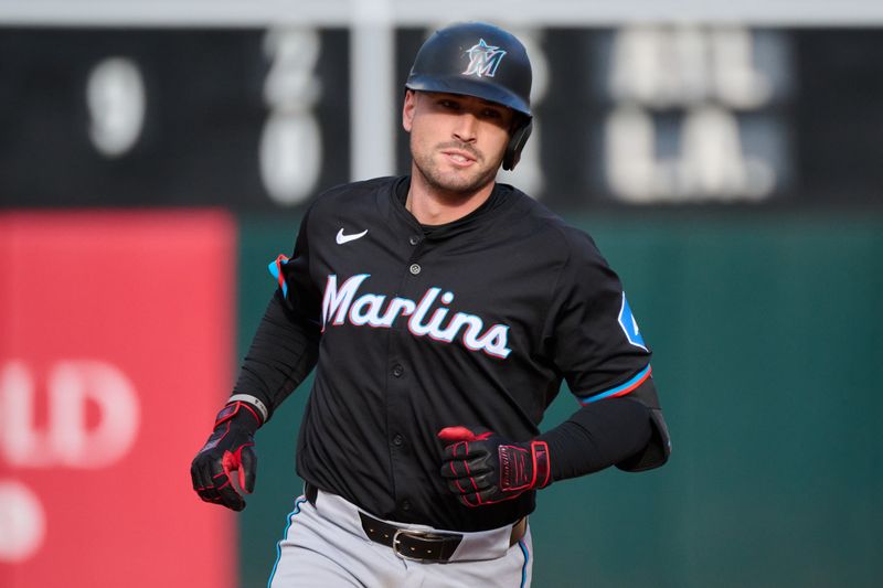 May 4, 2024; Oakland, California, USA; Miami Marlins catcher Nick Fortes (4) runs the bases after hitting a one-run home run against the Oakland Athletics during the sixth inning at Oakland-Alameda County Coliseum. Mandatory Credit: Robert Edwards-USA TODAY Sports