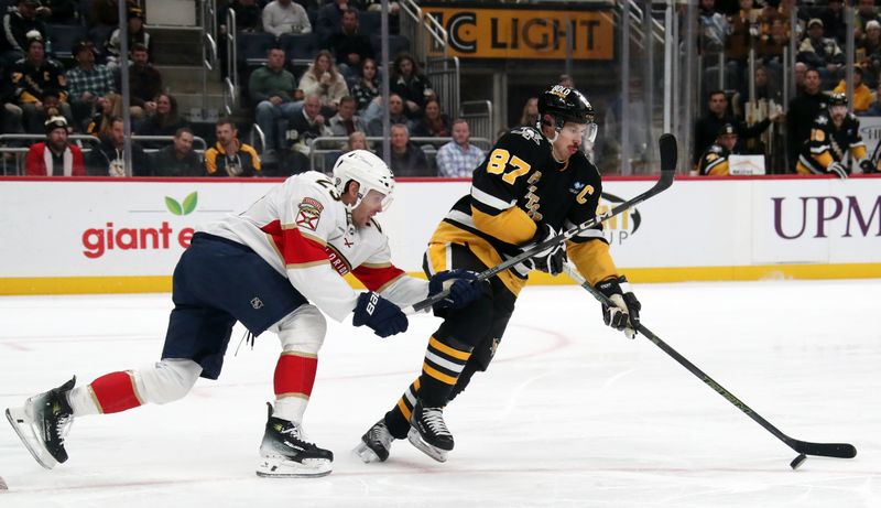 Dec 3, 2024; Pittsburgh, Pennsylvania, USA;  Pittsburgh Penguins center Sidney Crosby (87) moves the puck against Florida Panthers center Carter Verhaeghe (left) during the third period at PPG Paints Arena. Mandatory Credit: Charles LeClaire-Imagn Images