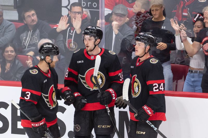 Sep 24, 2024; Ottawa, Ontario, CAN; Ottawa Senators center Zack Ostapchuk (38) celebrates his goal score in the third period against the Toronto Maple Leafs at the Canadian Tire Centre. Mandatory Credit: Marc DesRosiers-Imagn Images