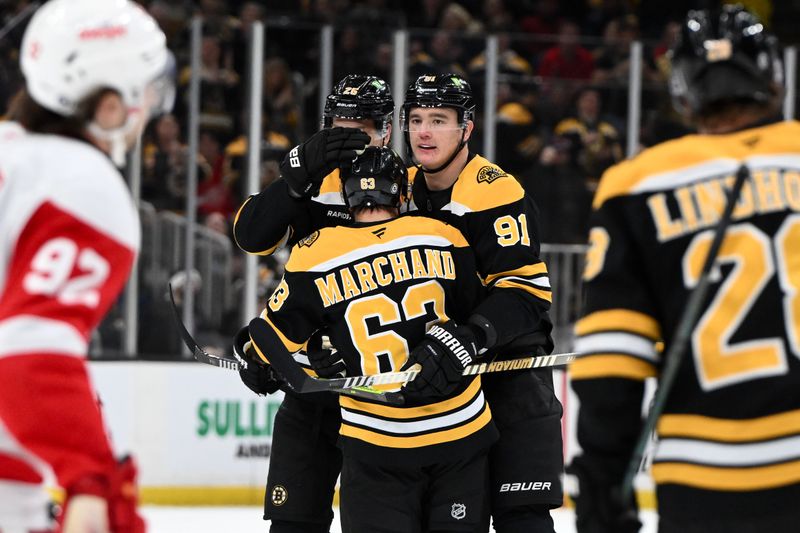 Dec 3, 2024; Boston, Massachusetts, USA; Boston Bruins defenseman Nikita Zadorov (91) celebrates with left wing Brad Marchand (63) after scoring a goal against the Detroit Red Wings during the first period at the TD Garden. Mandatory Credit: Brian Fluharty-Imagn Images