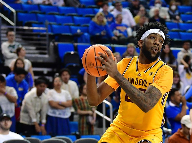 Mar 2, 2023; Los Angeles, California, USA; Arizona State Sun Devils forward Warren Washington (22) controls the ball against the UCLA Bruins during the first half at Pauley Pavilion. Mandatory Credit: Gary A. Vasquez-USA TODAY Sports