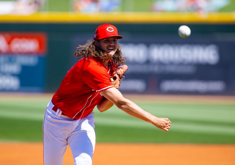 Mar 20, 2024; Goodyear, Arizona, USA; Cincinnati Reds pitcher Rhett Lowder against the Texas Rangers during a spring training baseball game at Goodyear Ballpark. Mandatory Credit: Mark J. Rebilas-USA TODAY Sports