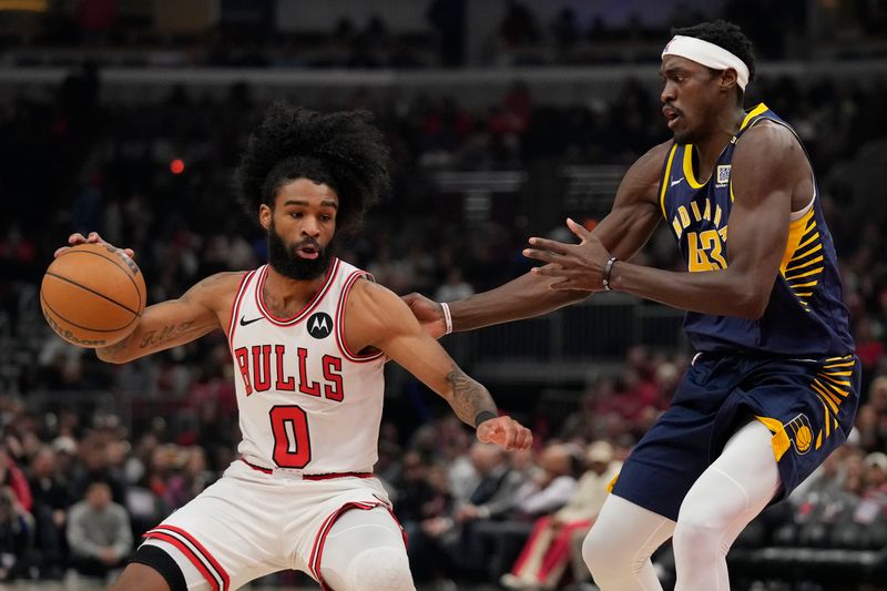 CHICAGO, ILLINOIS - MARCH 27: Coby White #0 of the Chicago Bulls dribbles the ball against Pascal Siakam #43 of the Indiana Pacers during the first half at the United Center on March 27, 2024 in Chicago, Illinois. NOTE TO USER: User expressly acknowledges and agrees that, by downloading and or using this photograph, User is consenting to the terms and conditions of the Getty Images License Agreement. (Photo by Patrick McDermott/Getty Images)