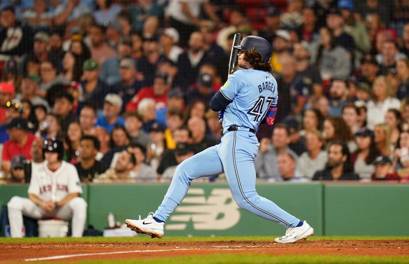 Aug 29, 2024; Boston, Massachusetts, USA; Toronto Blue Jays third baseman Addison Barger (47) his a double against them Boston Red Sox in the sixth inning at Fenway Park. Mandatory Credit: David Butler II-USA TODAY Sports