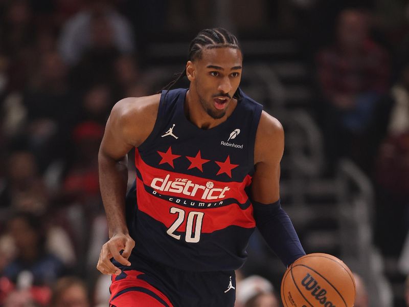 CHICAGO, ILLINOIS - JANUARY 10: Alexandre Sarr #20 of the Washington Wizards dribbles up the court against the Chicago Bulls during the first half at the United Center on January 10, 2025 in Chicago, Illinois. NOTE TO USER: User expressly acknowledges and agrees that, by downloading and or using this photograph, User is consenting to the terms and conditions of the Getty Images License Agreement.  (Photo by Michael Reaves/Getty Images)