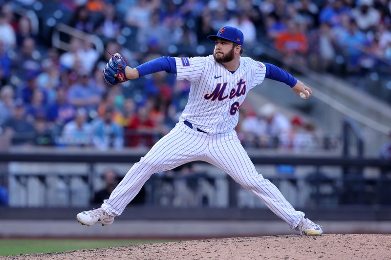 Oct 1, 2023; New York City, New York, USA; New York Mets relief pitcher Anthony Kay (64) pitches against the Philadelphia Phillies during the ninth inning at Citi Field. Mandatory Credit: Brad Penner-USA TODAY Sports