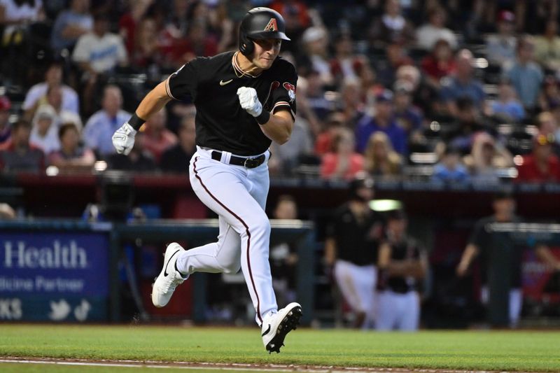 Jul 26, 2023; Phoenix, Arizona, USA;  Arizona Diamondbacks designated hitter Dominic Canzone (6) hits an RBI single in the seventh inning against the St. Louis Cardinals at Chase Field. Mandatory Credit: Matt Kartozian-USA TODAY Sports