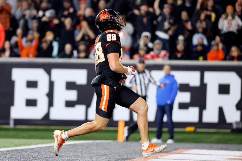 Oct 14, 2023; Corvallis, Oregon, USA; Oregon State Beavers tight end Jack Velling (88) runs into the end zone for a touchdown during the second half against the UCLA Bruins at Reser Stadium. Mandatory Credit: Soobum Im-USA TODAY Sports