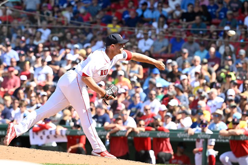 Aug 6, 2023; Boston, Massachusetts, USA; Boston Red Sox relief pitcher Richard Bleier (35) pitches against the Toronto Blue Jays during the fifth inning at Fenway Park. Mandatory Credit: Eric Canha-USA TODAY Sports