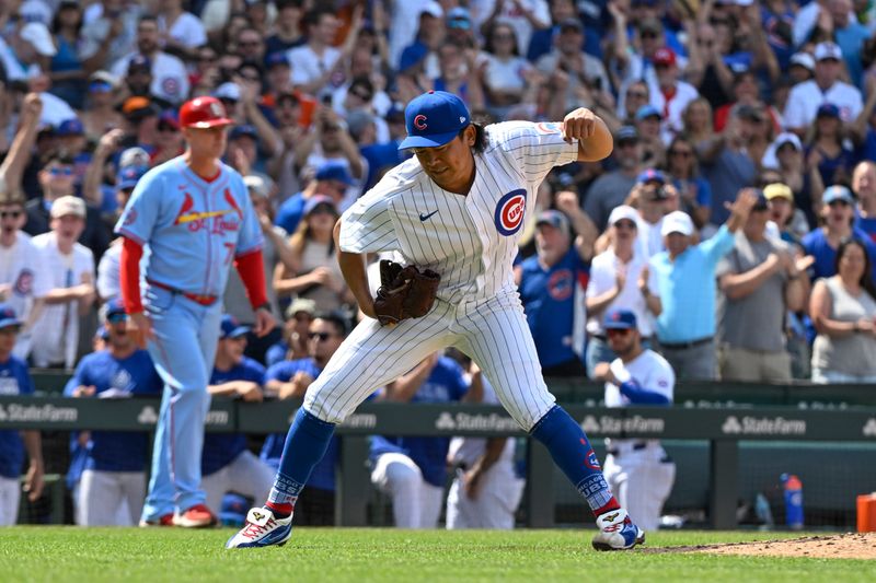 Jun 15, 2024; Chicago, Illinois, USA;  Chicago Cubs pitcher Shota Imanaga (18) reacts after closing out the seventh inning against the St. Louis Cardinals at Wrigley Field. Mandatory Credit: Matt Marton-USA TODAY Sports