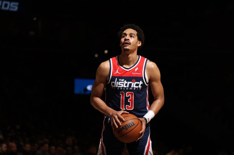 WASHINGTON, DC -? APRIL 3: Jordan Poole #13 of the Washington Wizards prepares to shoot a free throw during the game against the Los Angeles Lakers on April 3, 2024 at Capital One Arena in Washington, DC. NOTE TO USER: User expressly acknowledges and agrees that, by downloading and or using this Photograph, user is consenting to the terms and conditions of the Getty Images License Agreement. Mandatory Copyright Notice: Copyright 2024 NBAE (Photo by Stephen Gosling/NBAE via Getty Images)