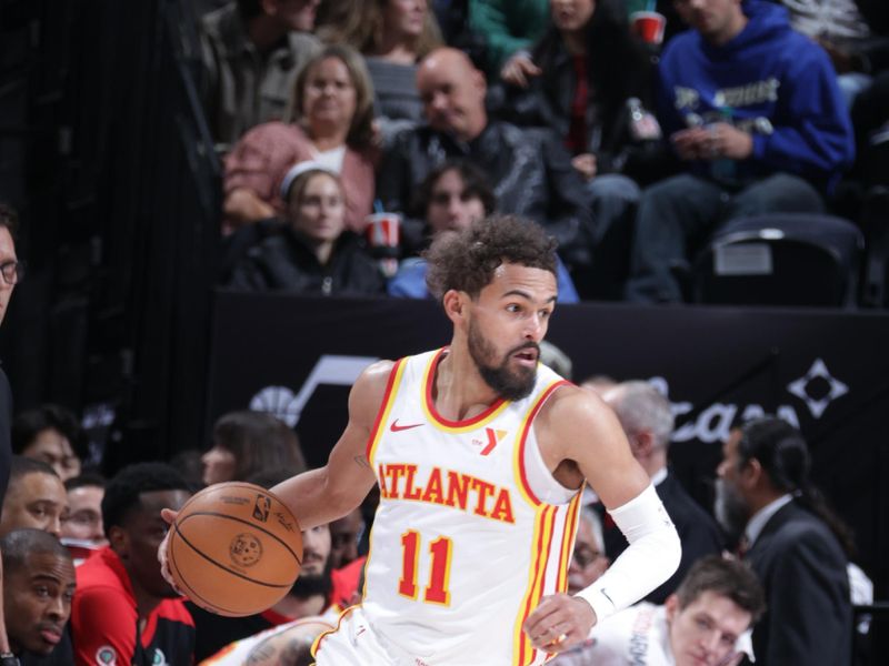 SALT LAKE CITY, UT - JANUARY 7: Trae Young #11 of the Atlanta Hawks dribbles the ball during the game against the Utah Jazz on January 7, 2025 at Delta Center in Salt Lake City, Utah. NOTE TO USER: User expressly acknowledges and agrees that, by downloading and or using this Photograph, User is consenting to the terms and conditions of the Getty Images License Agreement. Mandatory Copyright Notice: Copyright 2025 NBAE (Photo by Melissa Majchrzak/NBAE via Getty Images)