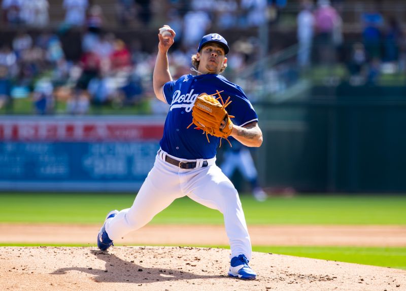 Mar 3, 2024; Phoenix, Arizona, USA; Los Angeles Dodgers pitcher Gavin Stone against the Colorado Rockies during a spring training game at Camelback Ranch-Glendale. Mandatory Credit: Mark J. Rebilas-USA TODAY Sports