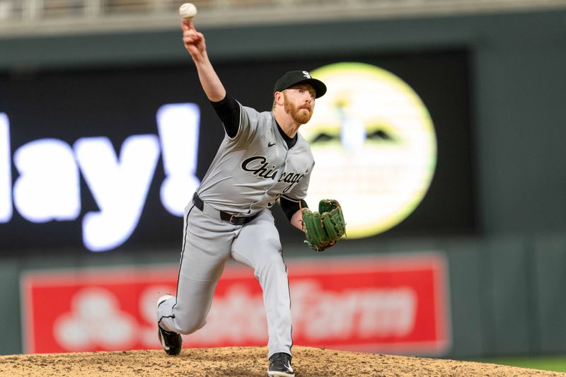 Apr 23, 2024; Minneapolis, Minnesota, USA; Chicago White Sox pitcher Steven Wilson (36) delivers to Minnesota Twins outfielder Byron Buxton (not pictured) who would hit a solo home run to tie the game at five at Target Field. Mandatory Credit: Matt Blewett-USA TODAY Sports