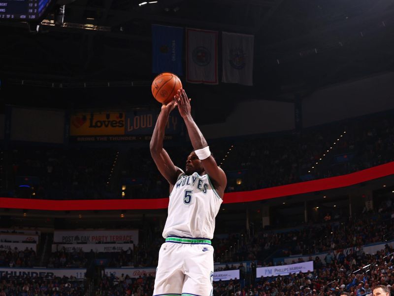 OKLAHOMA CITY, OK - JANUARY 29: Anthony Edwards #5 of the Minnesota Timberwolves shoots the ball during the game against the Oklahoma City Thunder on January 29, 2024 at Paycom Arena in Oklahoma City, Oklahoma. NOTE TO USER: User expressly acknowledges and agrees that, by downloading and or using this photograph, User is consenting to the terms and conditions of the Getty Images License Agreement. Mandatory Copyright Notice: Copyright 2024 NBAE (Photo by Zach Beeker/NBAE via Getty Images)