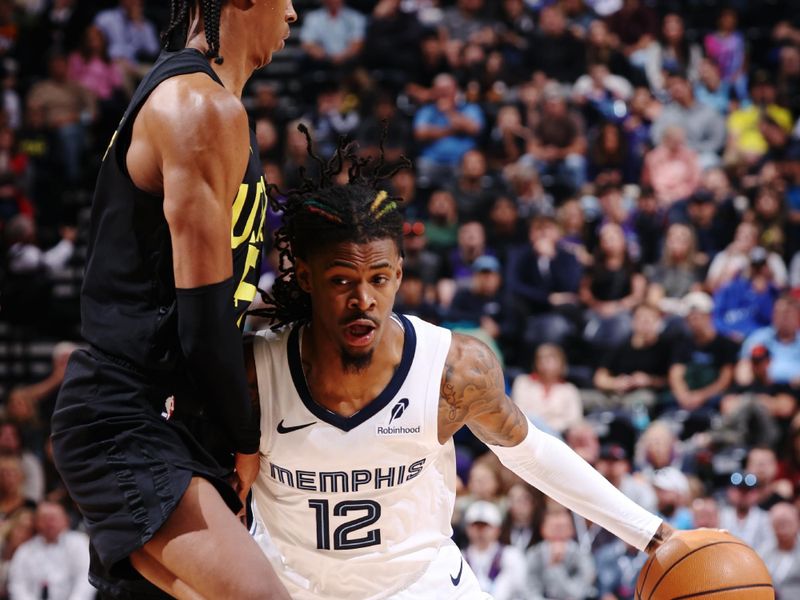 SALT LAKE CITY, UT - OCTOBER 23: Ja Morant #12 of the Memphis Grizzlies ldrives to the basket during the game against the Utah Jazz on OCTOBER 23, 2024 at vivint.SmartHome Arena in Salt Lake City, Utah. NOTE TO USER: User expressly acknowledges and agrees that, by downloading and or using this Photograph, User is consenting to the terms and conditions of the Getty Images License Agreement. Mandatory Copyright Notice: Copyright 2024 NBAE (Photo by Melissa Majchrzak/NBAE via Getty Images)