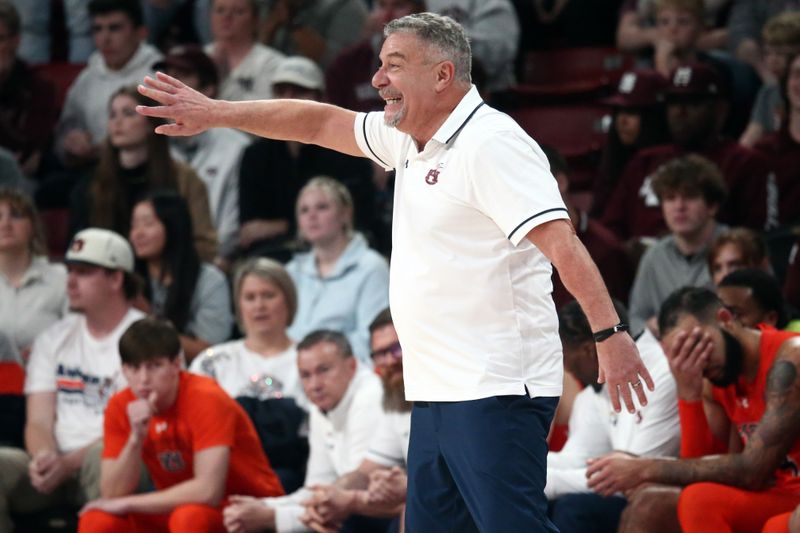 Jan 27, 2024; Starkville, Mississippi, USA; Auburn Tigers head coach Bruce Pearl reacts during the second half against the Mississippi State Bulldogs at Humphrey Coliseum. Mandatory Credit: Petre Thomas-USA TODAY Sports