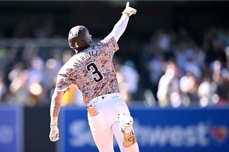 Aug 25, 2024; San Diego, California, USA; San Diego Padres center fielder Jackson Merrill (3) rounds the bases after hitting a walk-off home run against the New York Mets the at Petco Park. Mandatory Credit: Orlando Ramirez-USA TODAY Sports