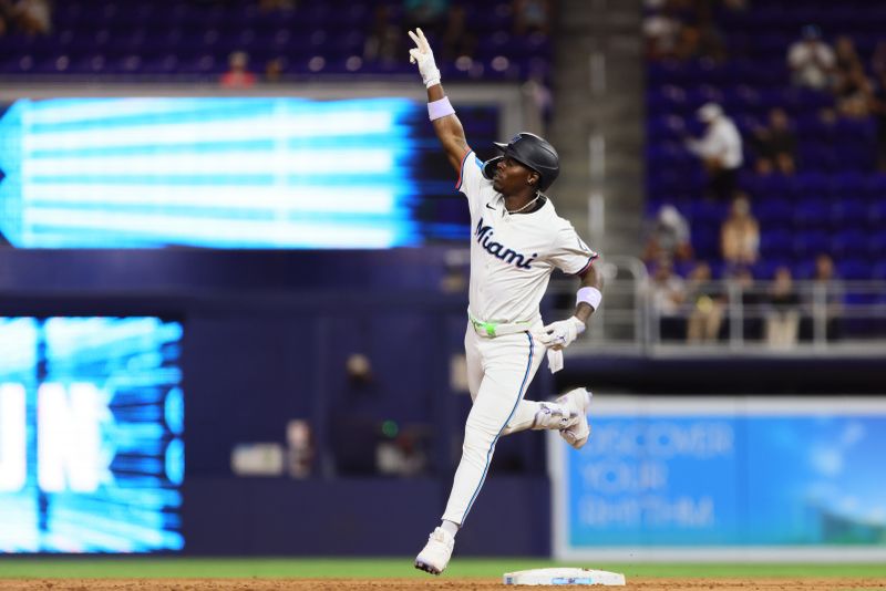 Apr 29, 2024; Miami, Florida, USA; Miami Marlins center fielder Jazz Chisholm Jr. (2) circles the bases after hitting a two-run home run against the Washington Nationals during the sixth inning at loanDepot Park. Mandatory Credit: Sam Navarro-USA TODAY Sports