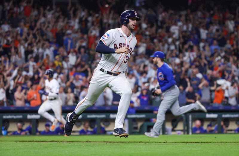 May 17, 2023; Houston, Texas, USA; Houston Astros designated hitter Kyle Tucker (30) drives in two runs with a walk-off game-winning single during the ninth inning against the Chicago Cubs at Minute Maid Park. Mandatory Credit: Troy Taormina-USA TODAY Sports