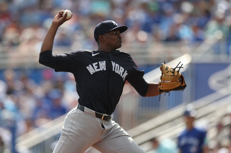 Mar 8, 2024; Dunedin, Florida, USA;  New York Yankees pitcher Yerry De Los Santos (73) throws a pitch against the Toronto Blue Jays in the sixth inning at TD Ballpark. Mandatory Credit: Nathan Ray Seebeck-USA TODAY Sports