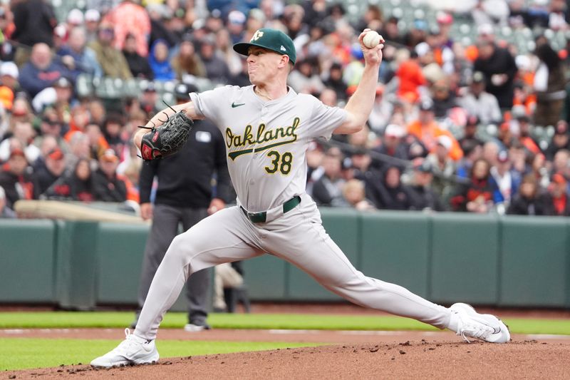 Apr 27, 2024; Baltimore, Maryland, USA; Oakland Athletics pitcher JP Sears (38) delivers a pitch against the Baltimore Orioles during the first inning at Oriole Park at Camden Yards. Mandatory Credit: Gregory Fisher-USA TODAY SportsApr 27, 2024; Baltimore, Maryland, USA;  during the first inning at Oriole Park at Camden Yards. Mandatory Credit: Gregory Fisher-USA TODAY Sports