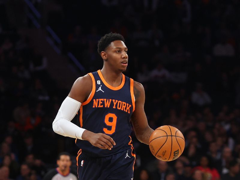 NEW YORK, NEW YORK - NOVEMBER 30: RJ Barrett #9 of the New York Knicks in action against the Milwaukee Bucks at Madison Square Garden on November 30, 2022 in New York City. NOTE TO USER: User expressly acknowledges and agrees that, by downloading and or using this Photograph, user is consenting to the terms and conditions of the Getty Images License Agreement. Milwaukee Bucks defeated the New York Knicks 109-103. (Photo by Mike Stobe/Getty Images)